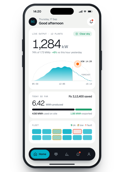 Sol AI app home screen showing live solar output and today's savings